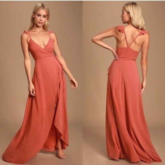 NWT Lulus Here to Us High Low Maxi Wrap Dress Pink Orange Coral - Picture 1 of 8